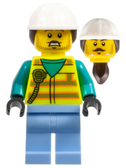 Utility Worker - Male, Neon Yellow Safety Vest with Radio, Bright Light Blue Legs, White Construction Helmet with Dark Brown Ponytail Hair, Moustache, Stubble cty1547