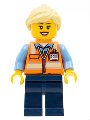 Train Worker - Female, Orange Safety Vest with Badge, Dark Blue Legs, Bright Light Yellow Ponytail and Swept Sideways Fringe trn245