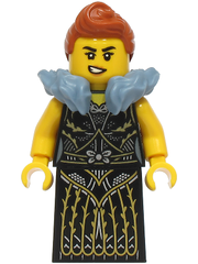 Queen - Black Dress with Gold and Silver Lines, Dark Orange Hair, Sand Blue Fur Collar bdp220