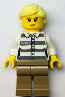 Police - Jail Prisoner 50382 Prison Stripes, Female, Dark Tan Legs, Smirk with Peach Lips, and Bright Light Yellow Ponytail cty1368