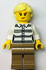 Police - Jail Prisoner 50382 Prison Stripes, Female, Dark Tan Legs, Smirk with Peach Lips, and Bright Light Yellow Ponytail cty1368