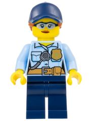 Police - City Officer Female, Bright Light Blue Shirt with Badge and Radio, Dark Blue Legs, Dark Blue Cap with Dark Orange Ponytail, Safety Glasses cty1525