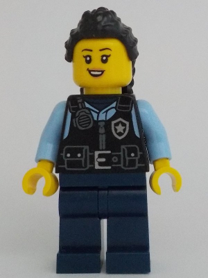 Police - City Officer Female, Black Safety Vest with Silver Star Badge Logo, Dark Blue Legs, Black Hair Long with Braided Ponytail cty1703