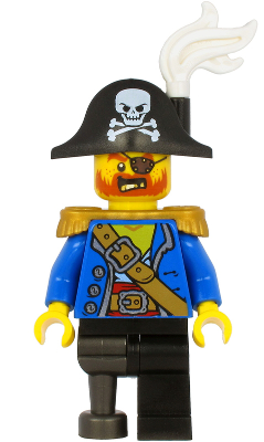 Pirate Captain - Bicorne Hat with Skull and White Plume, Pearl Gold Epaulettes, Blue Open Coat, Black Leg and Pearl Dark Gray Peg Leg pi185