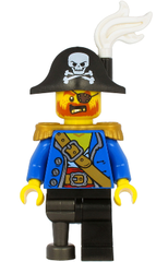 Pirate Captain - Bicorne Hat with Skull and White Plume, Pearl Gold Epaulettes, Blue Open Coat, Black Leg and Pearl Dark Gray Peg Leg pi185