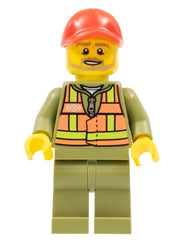 Train Driver - Orange Safety Vest with Lime Straps, Olive Green Legs, Red Cap with Hole, Beard Dark Tan Angular trn244