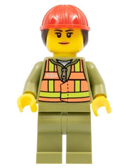 Train Worker - Female, Orange Safety Vest with Lime Straps, Olive Green Legs, Red Construction Helmet with Dark Brown Ponytail Hair trn246