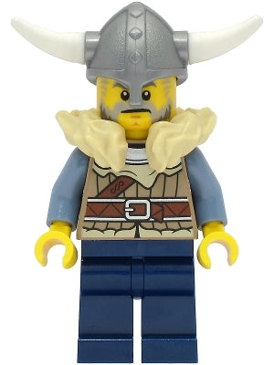 Viking Warrior - Male, Dark Tan Jacket with Tan Fur, Dark Blue Legs, Flat Silver Helmet vik040